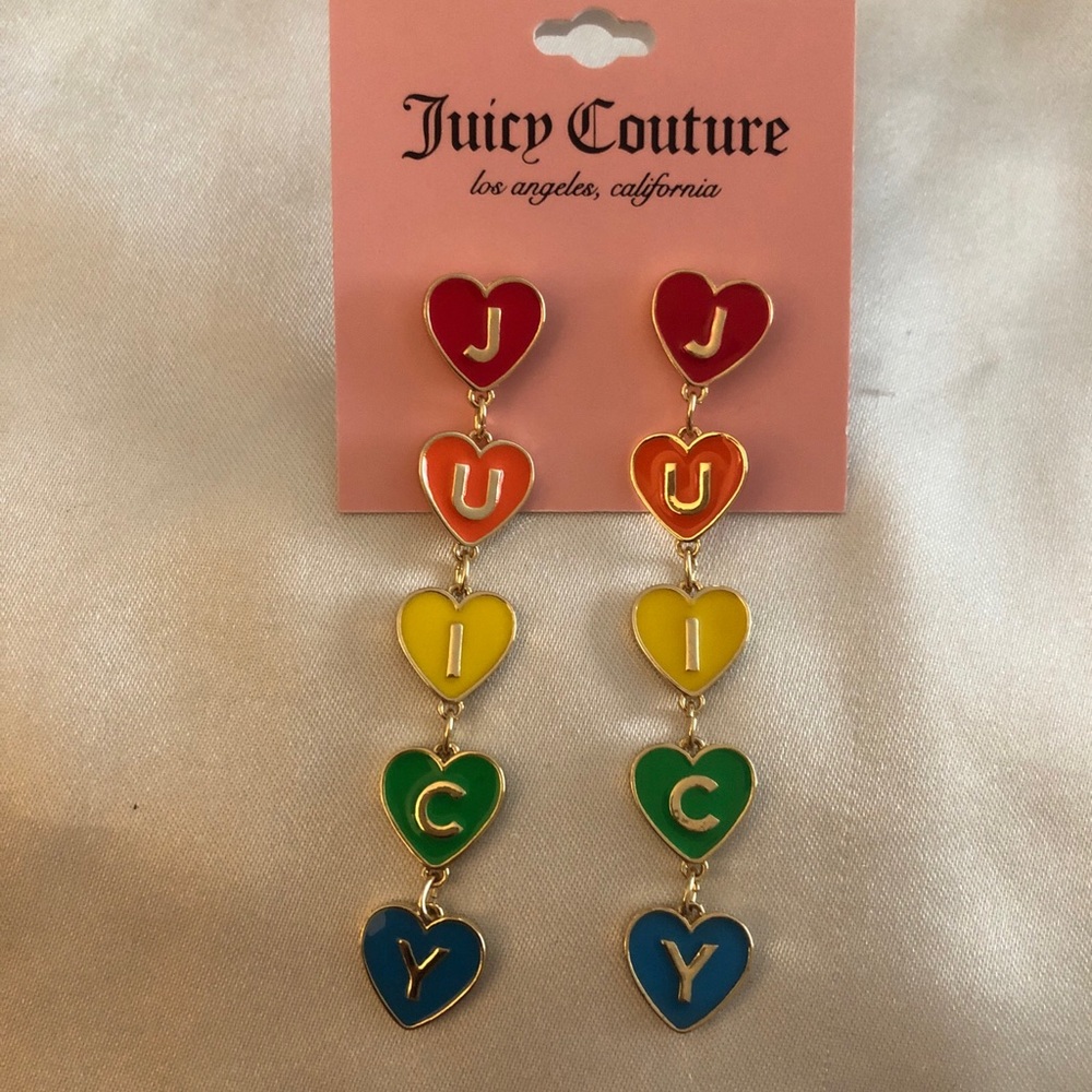 Juicy Couture Gold Tone Enamel Rainbow Stacked Juicy Hearts Drop Earrings NWT